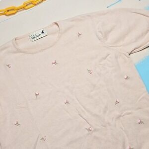 Tulchan L Short Sleeve Sweater Pale Pink Cotton Knit Embroidered Floral Women UK